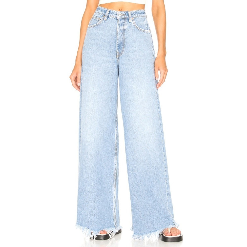 We The Free Jean Women 30 Blue Old West Slouchy High Rise Wide Leg Raw Hem Denim